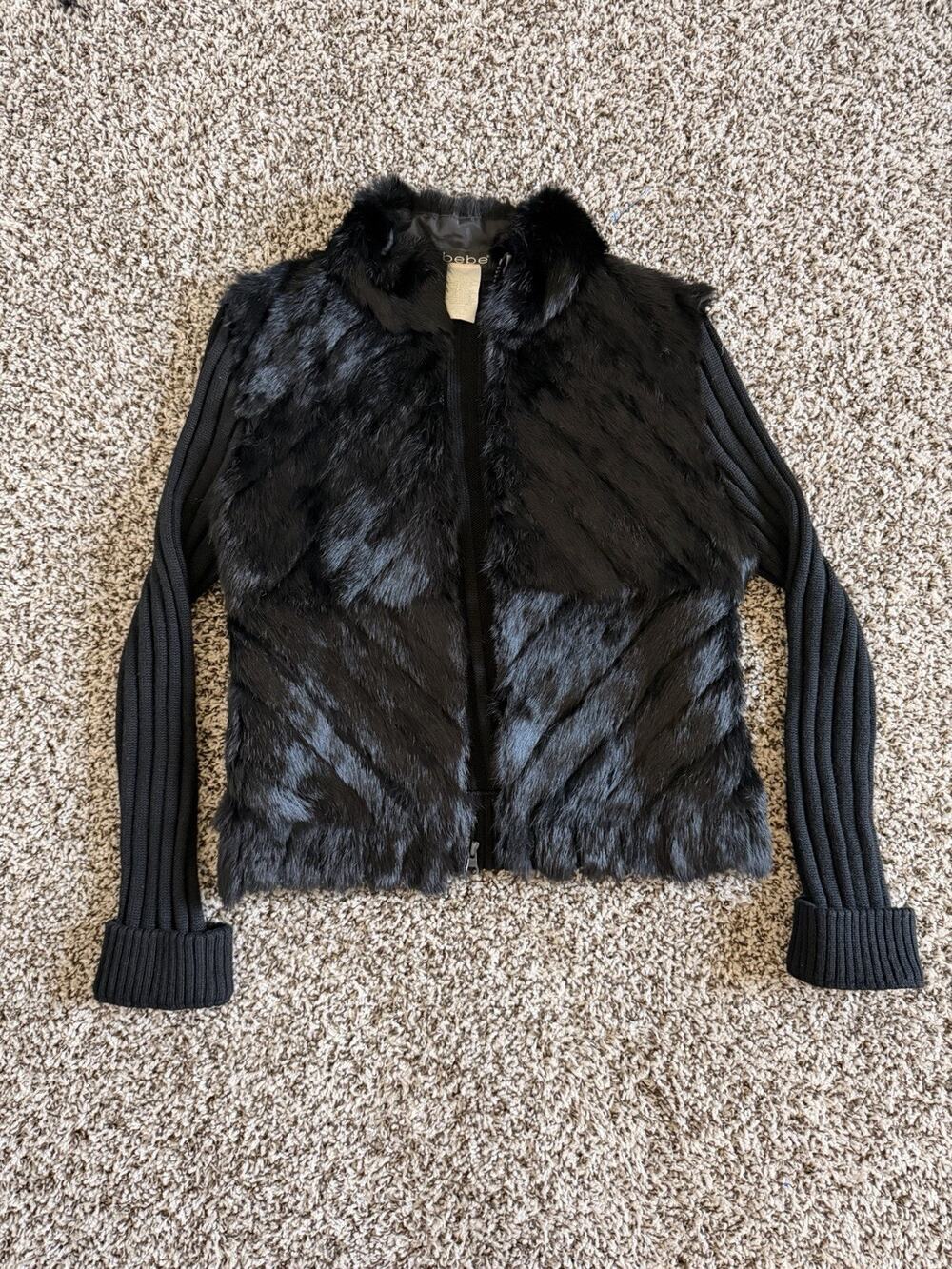 RARE Vintage Y2K Bebe Faux Fur + Ribbed Knit Sweater Zip-Up Jacket